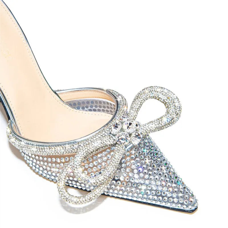 Futurecen Brand Bling Bling Rhinestones Double bowknot Women Pumps Sexy Ankle Strap Thin High heels Mules Summer Wedding Bridal Shoes