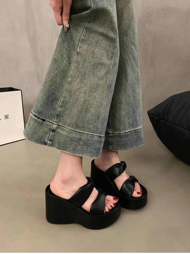 Futurecen 2024 Summer Chunky Woman Slippers Fashion Butterfly-knot Platform Wedges Heel Slides Ladies Casual Outdoor Beach Shoes