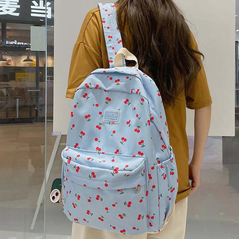 Futurecen Women Trendy Print School Bag Female Laptop College Backpack Fashion Lady Kawaii Bag New Girl Cherry Floral Travel Book Backpack