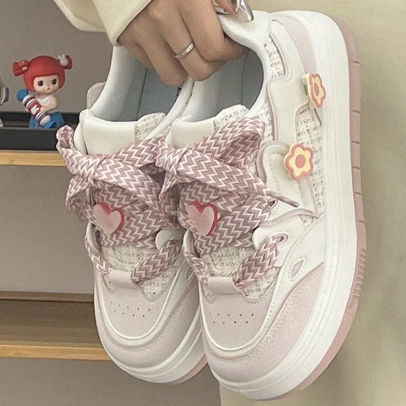 Futurecen Pink Platform Sneakers  Women's Sneakers Casual Retro Cute Vulcanized Shoes Tennis Women Flat Lace Up Flower Decoration