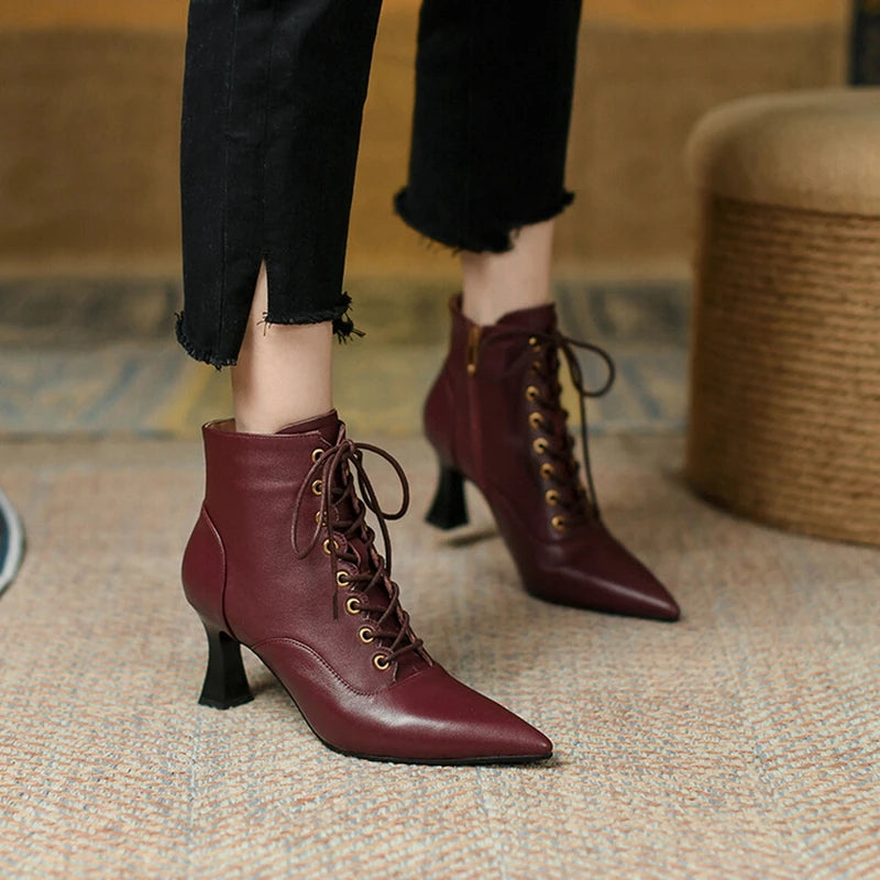 Futurecen  -  NEW Autumn Shoes Women Pointed Toe High Heels Geunine Leather Boots Thin Heel Ankle Boots Women Lace Mature Zipper Modern Boots