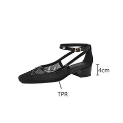 Futurecen  -  NEW Summer Women Sandals Square Toe Chunky Heel Shoes for Women Cover Toe Black Mesh Shoes Ankle Strap Cover Heel Modern Sandals