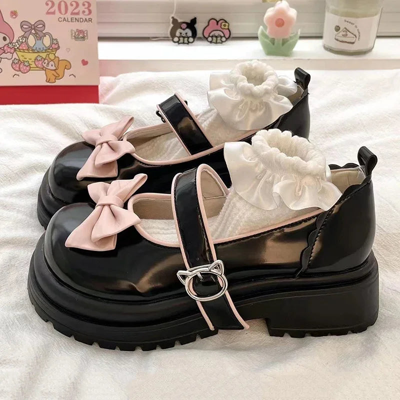 Futurecen Bows Lolita Shoes Kawaii Mary Jane Shoes Women Japanese Style Vintage Girls High Heel Platform Shoes College Student JK