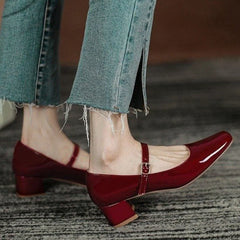 Futurecen New Women's Red Black Mary Janes Shoes High Quality Leather Low Heel Dress Shoes Square Toe Shallow Buckle Strap Women's Shoes