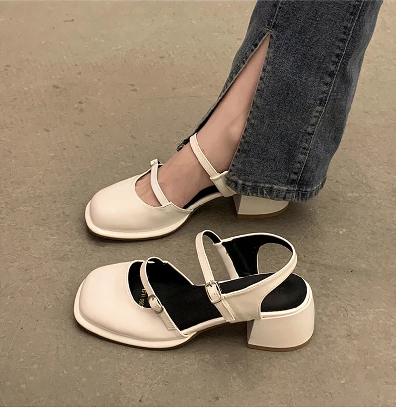 Futurecen New Mary Jane Shoes Buckle Pumps Women Thick Heels Elegant Shallow Square Toe Footwear Fashion Outdoor Lady Shoes