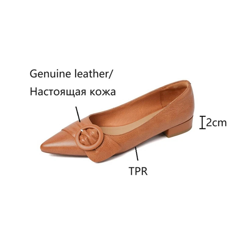 Futurecen  - NEW Autumn/Spring Women Pumps Genuine Leather Shoes for Women Pointed Toe Low Heel Women Shoes Soft Retro Buckle Female Shoes