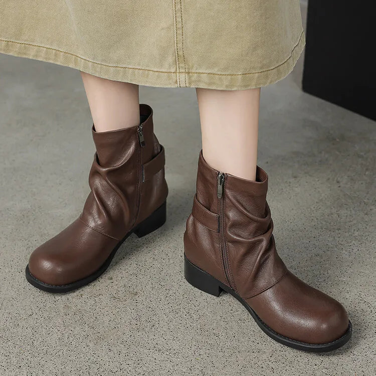 Futurecen NEW Autumn Women Boots Split Leather Shoes for Women Round Toe Chunky Heel Shoes Zipper Short Pants Boots Buckle Modern Boots