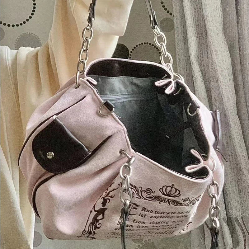 Futurecen  Y2K Pink Vintage Gothic Women Tote Bag Aesthetic Large Capacity Embroidery Letters Retro Shopping Travel Chain Shoulder Bag