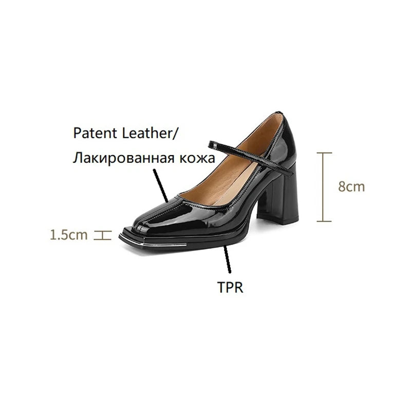 Futurecen  -  Spring Women's Pumps Patent Leather Shoes for Women Square Toe Chunky Heel Shoes Super High Heel Mary Janes Handmade Shoes