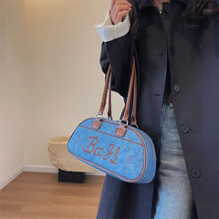 Futurecen Retro Bowling Shoulder Bags For Women Letter Embroidery Solid Color Long Handle Boston Bag Luxury Designer Handbags