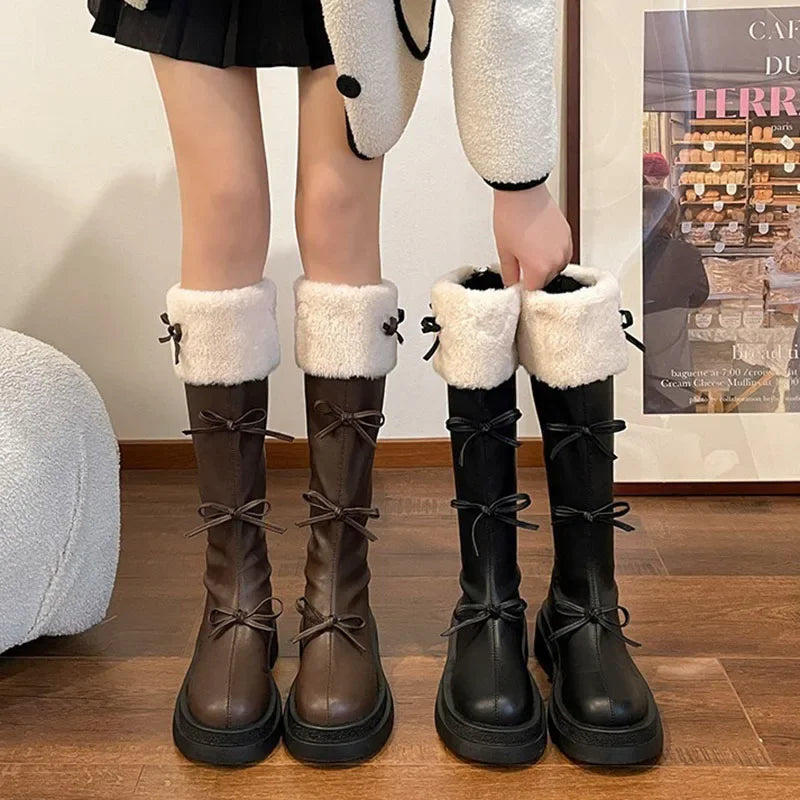 Futurecen Short Plush Women Knee High Boots Fashion Square Heel Ladies Elegant Back Zippers Long Knight Booties Winter Women's Footwear