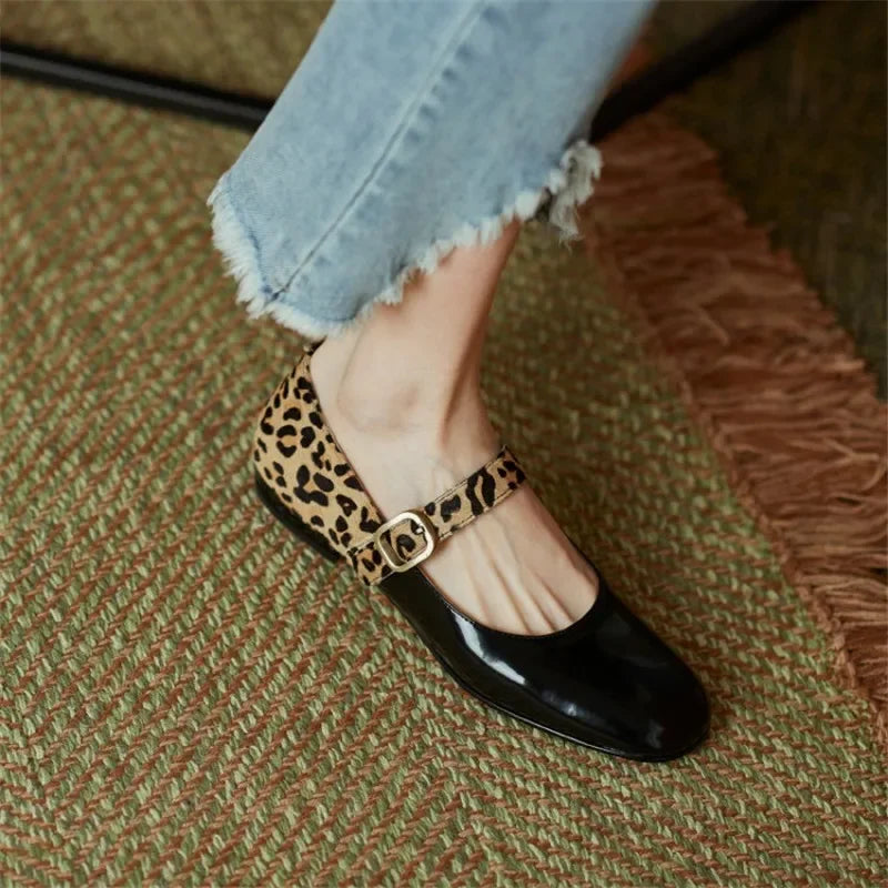 Futurecen  -   Spring Women Pumps Patent Leather Round Toe Splicing Leopard Print One-line Buckle Low-heel Women Shoes Mary Jane Shoes