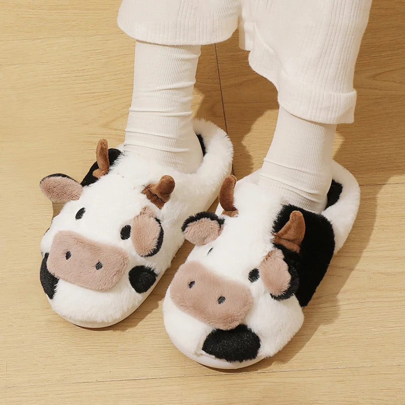 Winter Unisex Cute Cartoon Cow Warm Plush Slippers Couple's Indoor Non-slip House Slides Men Women Toe Wrap Home Cotton Shoes