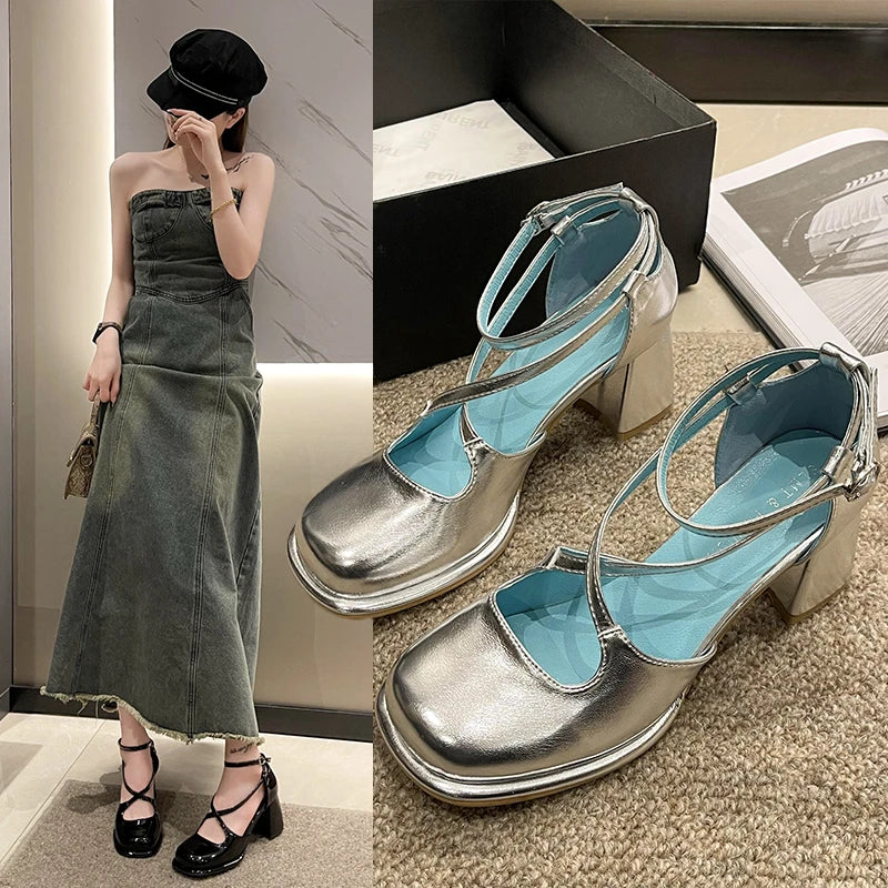 Fashion Women Shoes 2024 High Heel Sandals Shallow Mouth Round Toe Suit Female Beige Luxury High-heeled Elastic Band &nbsp;Retro