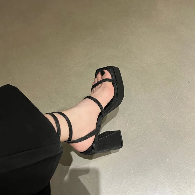 Futurecen  -  New Summer Platform Women Sandals Fashion Elegant Narrow Band Thick High Heel Shoes Ladies Outdoor Party Dress Sandalias