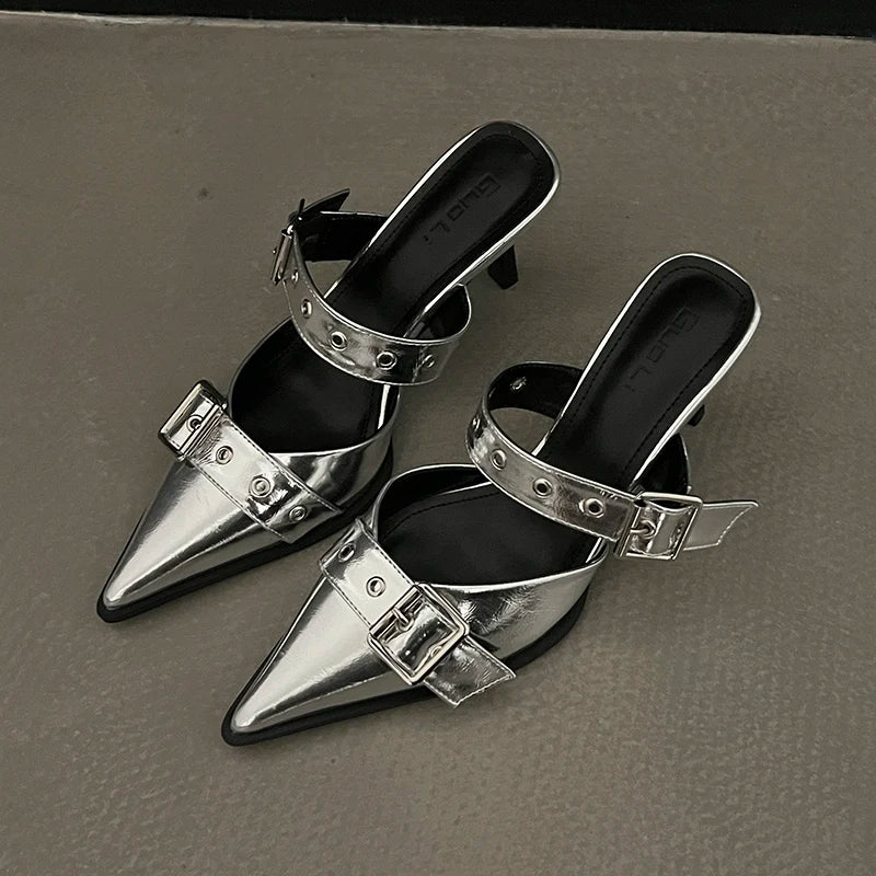 Punk Goth Metal Buckle High Heels Sandals Women Summer Pointed Toe Silver Party Shoes Woman Korean Style Thin Heels Sandals