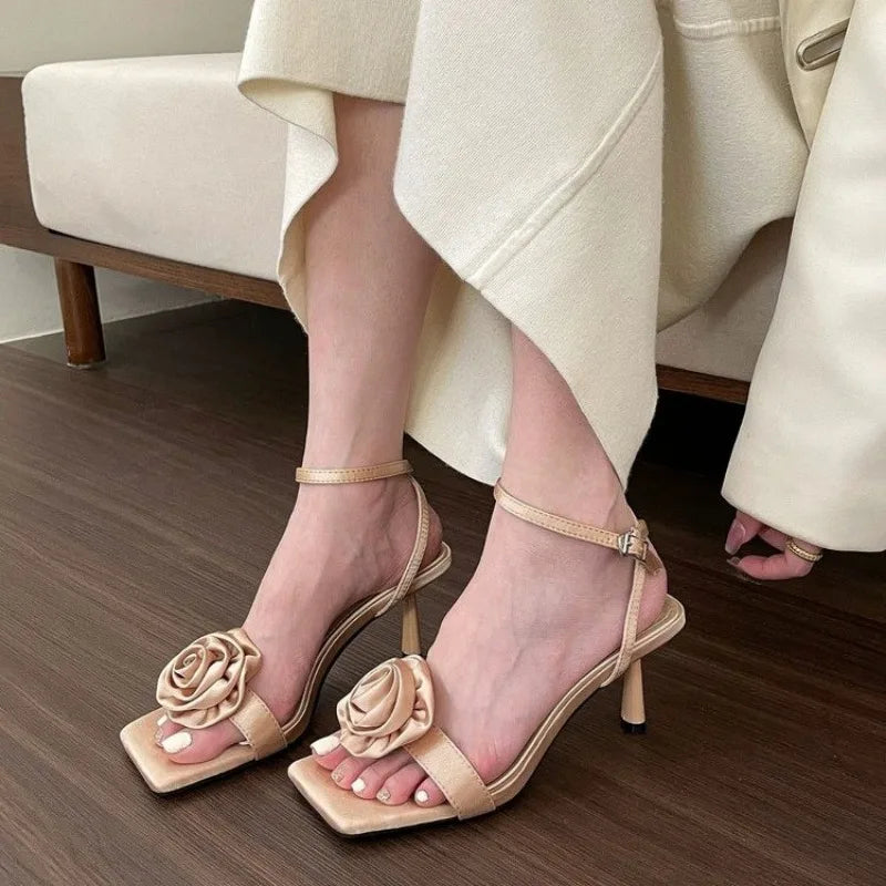 Futurecen New Elegant Woman Sandals High Heeled Sweet Rose Closed Toe Footwear Summer Slingback Pointed Fashion Dress Ladies Shoes