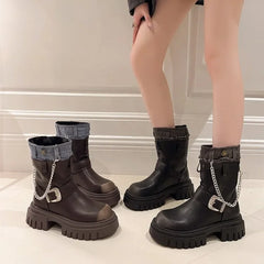 Futurecen  -  Women Mid Calf Boots Goth Street Cool Boots Women Splicing Leather Shoes Chunky Punk Outdoors Motorcycle Booties Autumn Winter