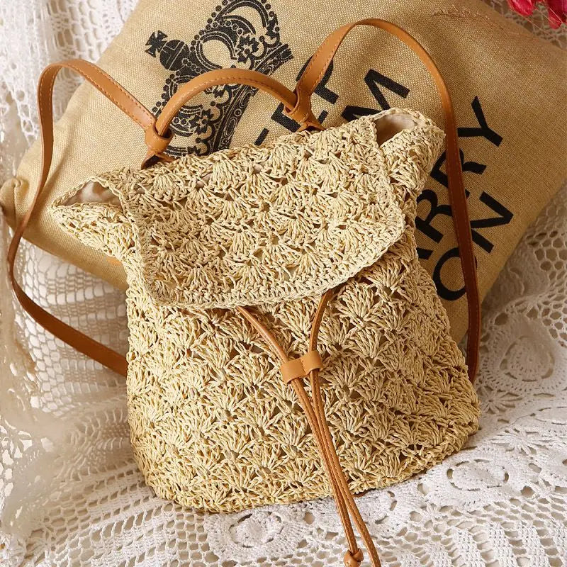 Futurecen  - fancy bags Straw Backpack for Women Design Casual Woven Rattan Travel Bagpack Beach Holiday Style Female Knit Drawstring Korean Rucksack