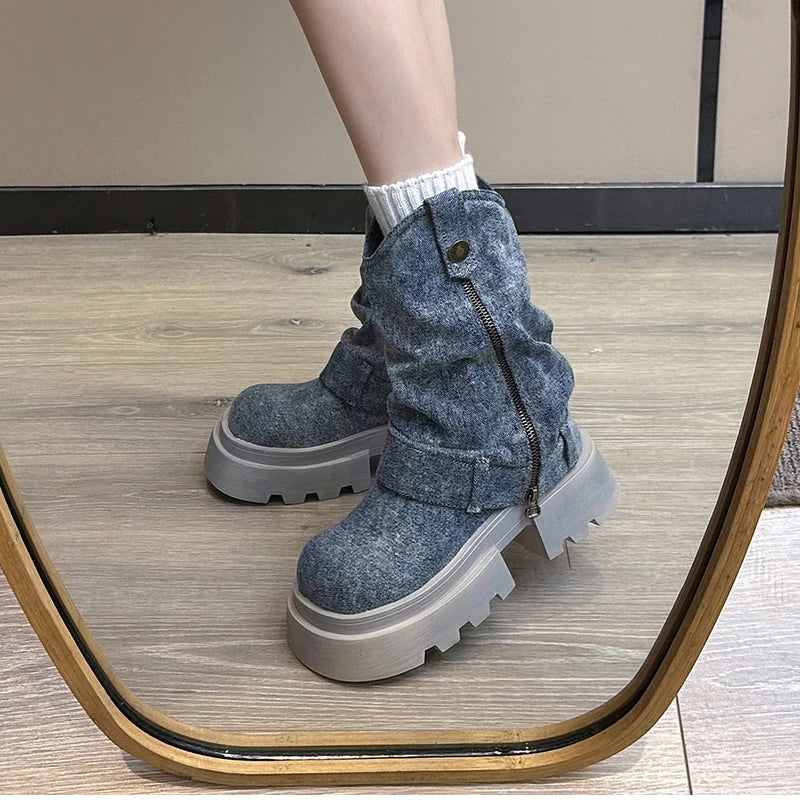 Futurecen Chunky Women Blue Denim Short Boots Fashion Slip On Ankle Booties Autumn Winter Female Platform Heel Shoes