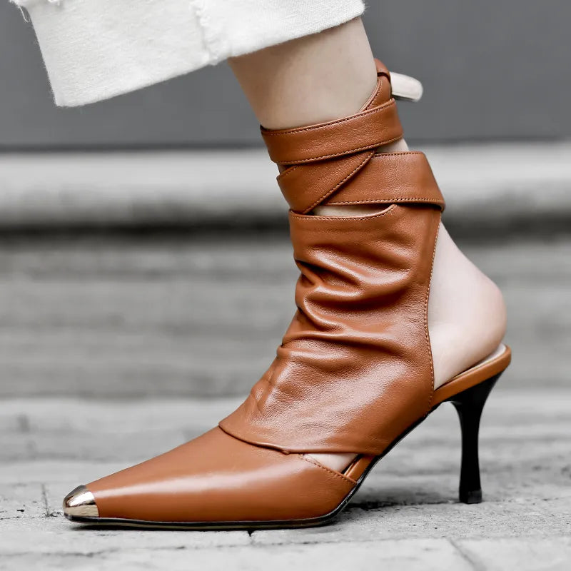 New Pointed Toe Slingback Ankle Boots Brown Slingback Strappy Breathable Cool Boots High Heels Sexy Ladies Dress Women'S Boots