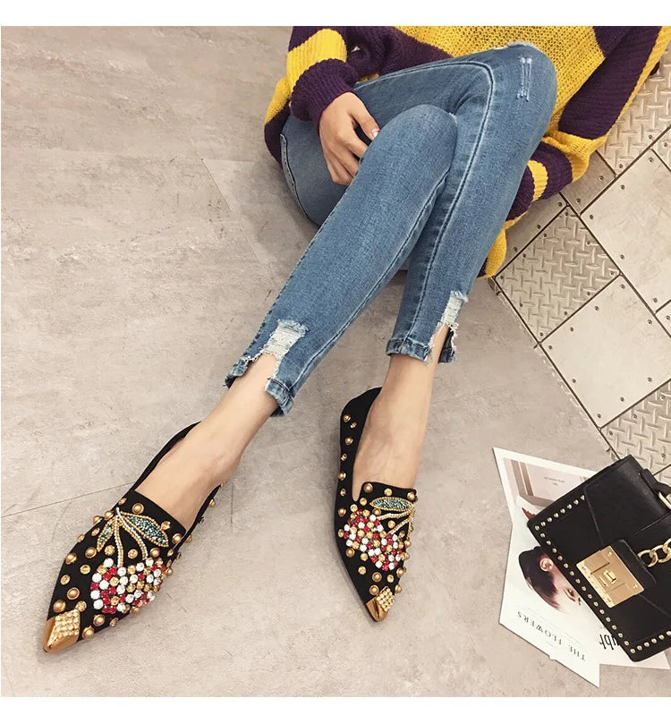 Futurecen Woman Flats Shoes Rhinestone Cherry Spring New Female Metal Pointed Toe Casual Shoes Comfortable Flat Shoes