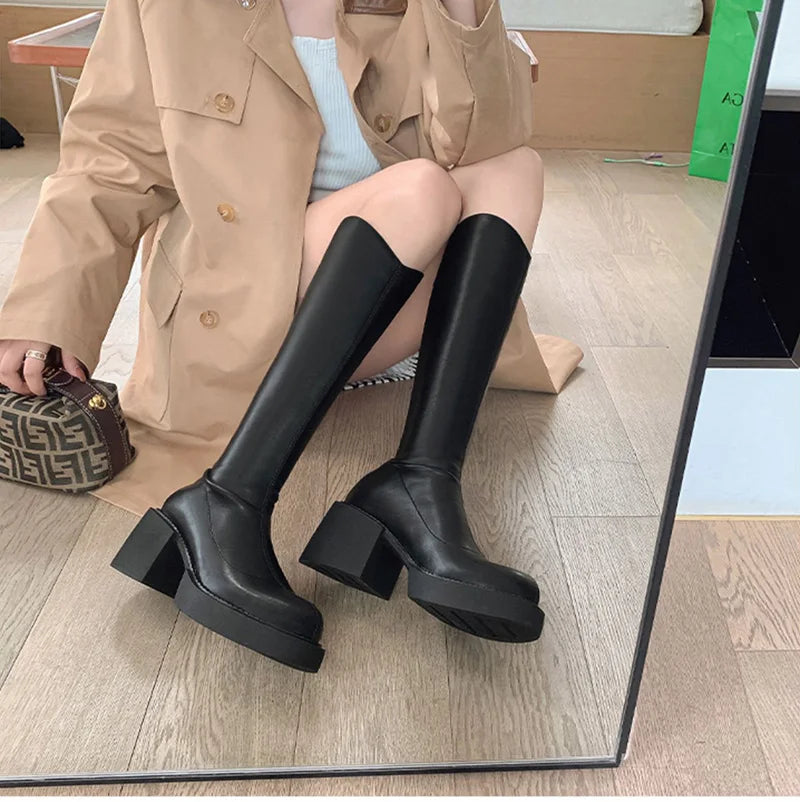 Futurecen Winter Women Knee High Boots Fashion Platform Ladies Elegant Square High Heel Long Knight Booties Winter Women's Footwear