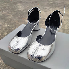 Futurecen  Fashion Ninja Shoes Women Round Split Toe Shallow Thick Heel Sandals Single Mid Heel Mary Janes Shoes Female Pumps