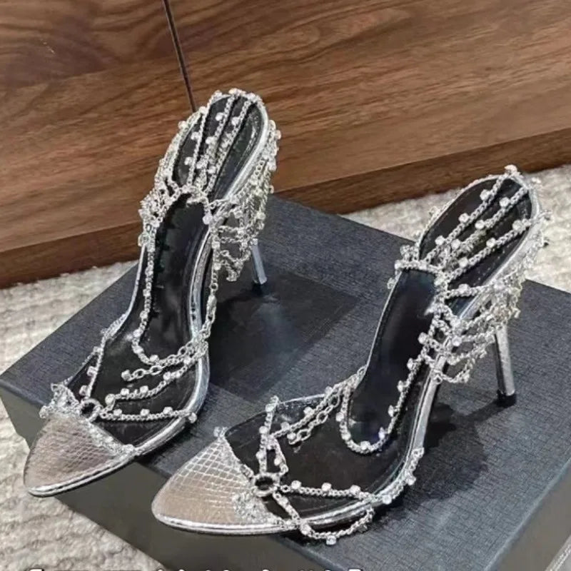 Futurecen  -  Women's Sexy High Heels Sandals New Advanced Sense Party Luxury Stiletto Shoes Fashion Summer Elegant Rhinestone Chain Sandals