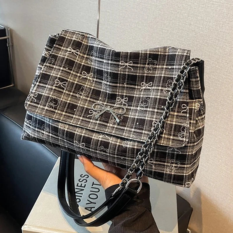 Futurecen  -  Vintage Shoulder Bags Women Fashion Luxury Plaid Bow Bolso Mujer Designer All Match Cartoon Bear Crossbody Bag Female