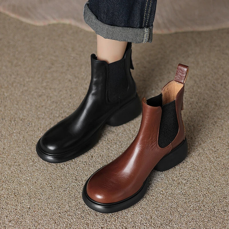 Futurecen NEW Autumn/Winter Women Boots Genuine Leather Shoes for Women Round Toe Chunky Heel Boots Slip-on Platform Boots