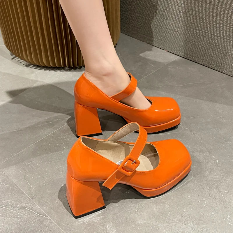 Futurecen Heels Women Trend Chunky Heels Square Toe Platform Shoes Mary Jane Elegant Fashion Sexy Orange Luxury Designer Casual Plus Size