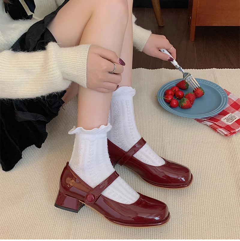 Futurecen New Women Mary Jane Shoes Fashion Square Toe Shallow Ladies Elegant Dress Single Leather Shoes Square Heel Sandal