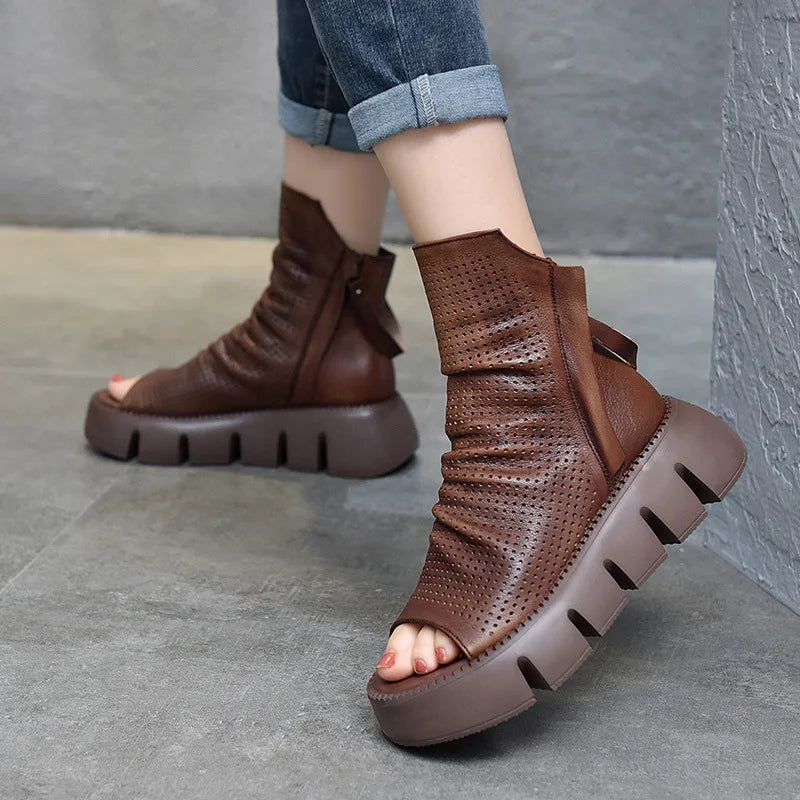 Futurecen  spring and summer new fashion platform shoes cowhide cold boots leather cave shoes fish mouth shoes