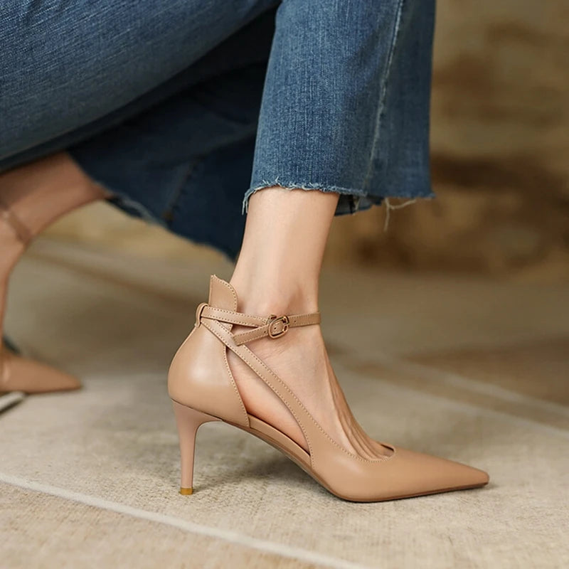 Futurecen  -  Summer/Spring Women Sandals Pointed Toe Thin Heel Women Shoes Elegant High Heels Genuine Leather Shoes for Women Party Shoes