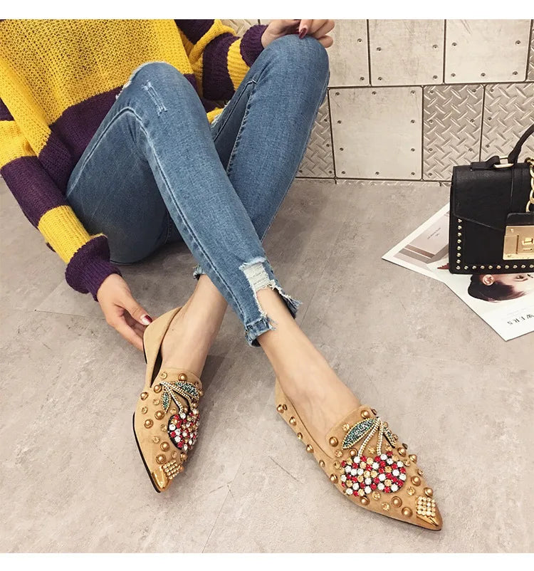 Futurecen Woman Flats Shoes Rhinestone Cherry Spring New Female Metal Pointed Toe Casual Shoes Comfortable Flat Shoes