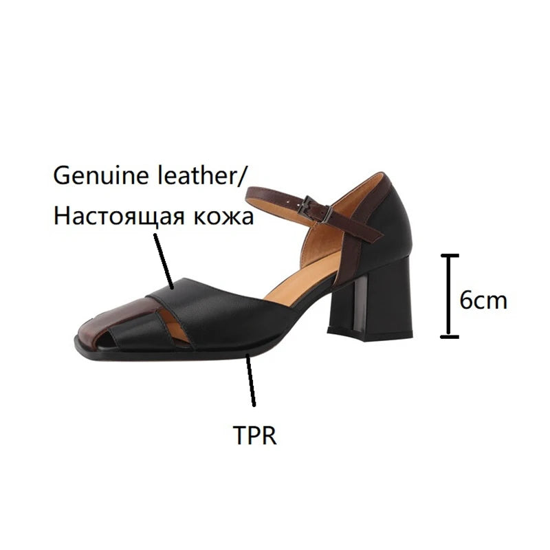 Futurecen  - Summer Women Shoes Cover Toe Chunky Heel Women Sandals Genuine Leather Shoes for Women Sandals Retro High Heel Roman Shoes