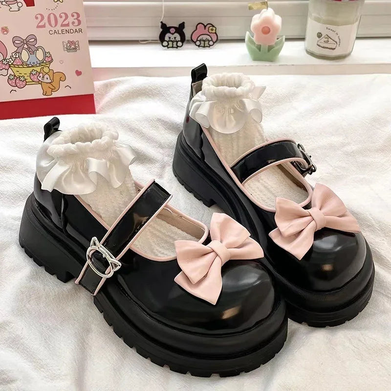 Futurecen Bows Lolita Shoes Kawaii Mary Jane Shoes Women Japanese Style Vintage Girls High Heel Platform Shoes College Student JK