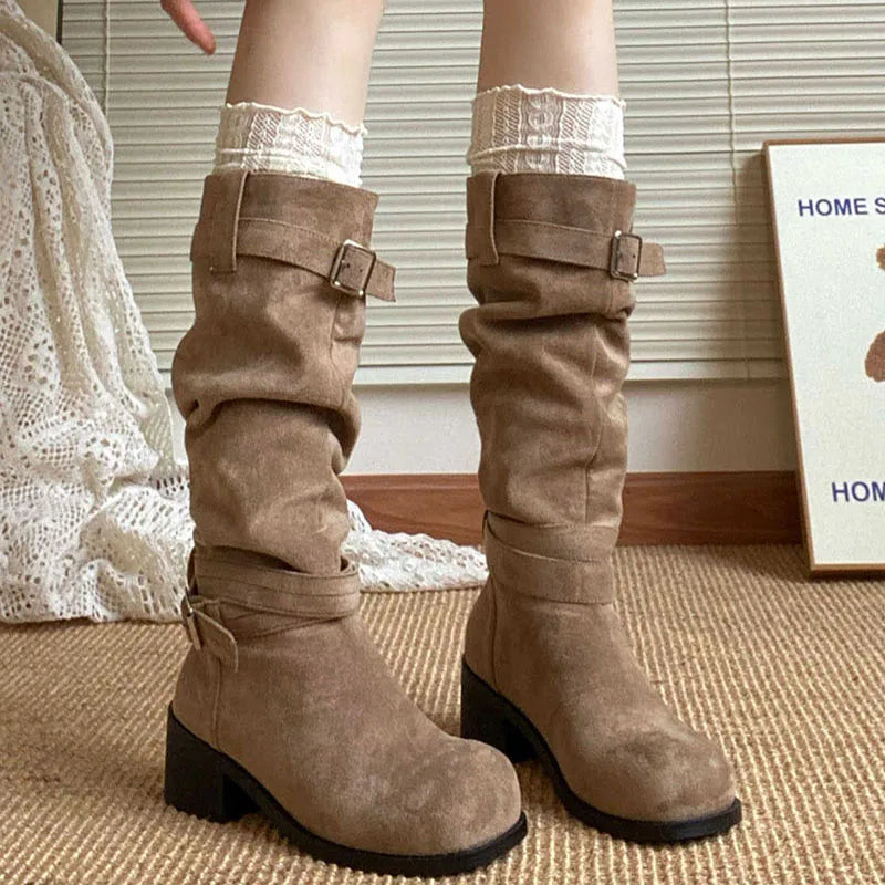 Futurecen Platform Thick Heel Women Western Cowboy Boots Fashion Slip On Folded Pile Long Booties Female Shoes Autumn Winter