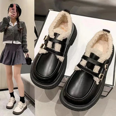 Futurecen  -  Mary Jane Women's Little Leather Shoes Autumn and Winter Cotton Shoes Retro Double Button Plush Warm Mid Heel Loafers