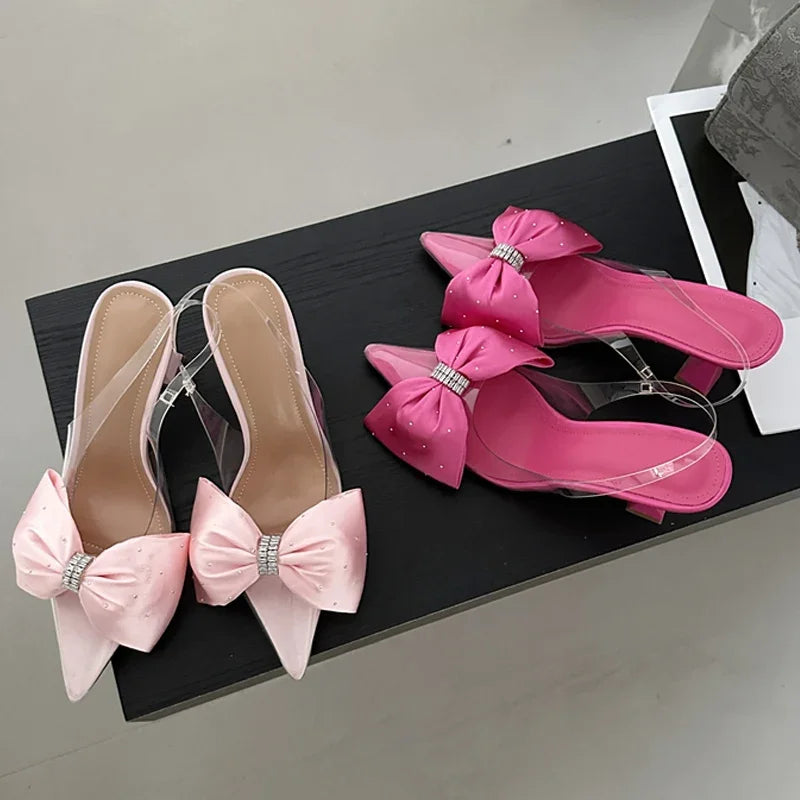 Futurecen Fashion Butterfly-knot Pointed Toe Women Pumps PVC Transparent High Heels Sandals Wedding Banquet Female Mules Shoes