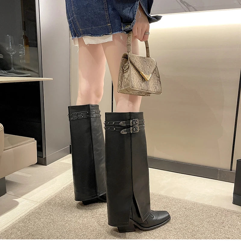 Futurecen Winter Women Cowboy Boots Fashion Slip On Belt Buckle Ladies Elegant Long Pipe Boots Casual Thick Heel Women's Boot