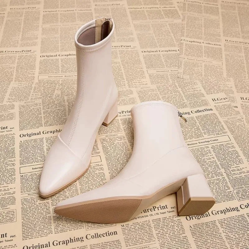 Futurecen Ankle Boots for Women's Thick Heel Spring Summer Autumn Single Boots  New Pointed High Heels  Shoes Mid-heel Fashion