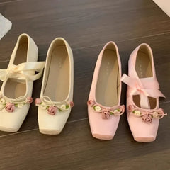 Futurecen New Women's Flat Footwear Pink Ballet Women Single Shoes Fashion Lace Up Girl Mary Jane Shoes Sweet Flowers Ladies 2024 Spring