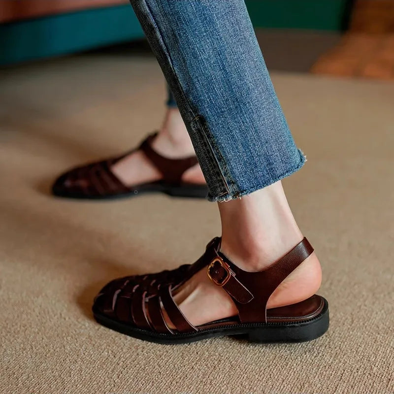 Futurecen Summer Sandal  Retro Ladies Cowhide  Women Sandals Spring Shoes Vintage Gladiator Buckle Strap Roman Style Closed Toe Shoes Woman