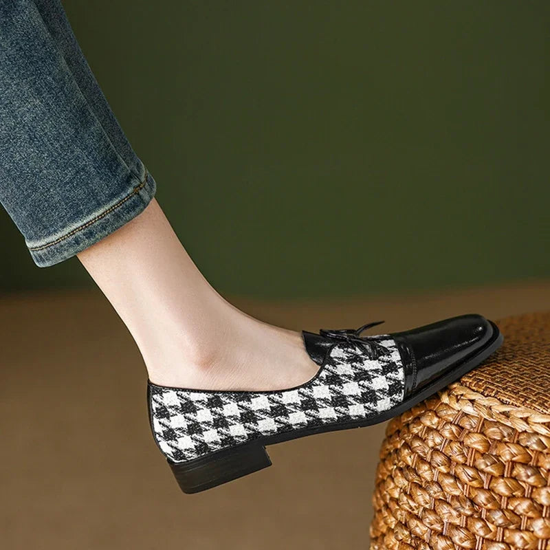 Futurecen  -  Spring/Autumn Women Shoes Square Toe Chunky Heel Shoes Women Cow Leather Women Pumps Cotton Fabric Lattice Low Heel Shoes