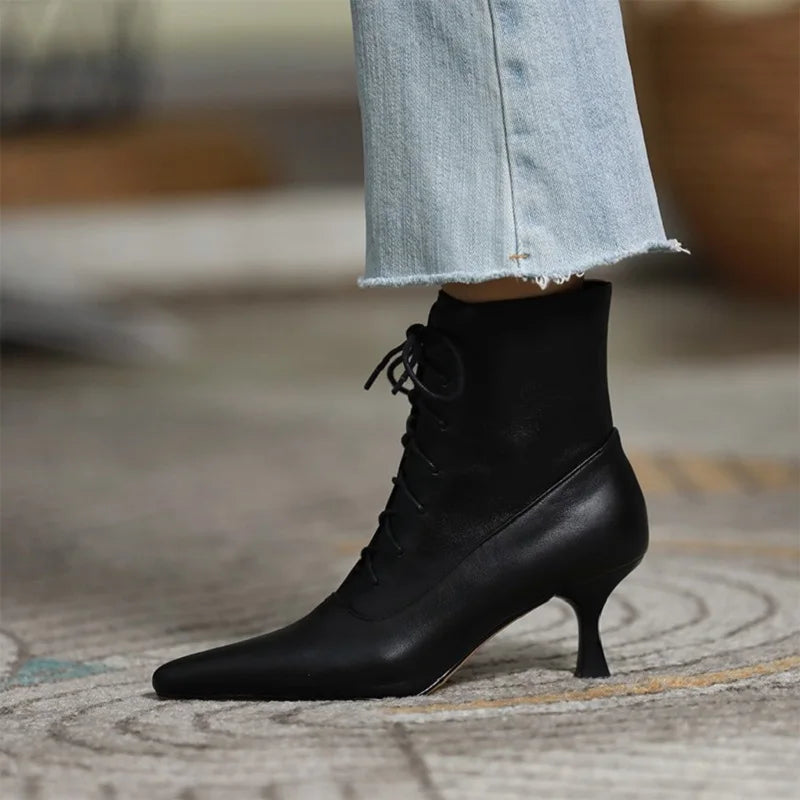 Futurecen Woman Ankle Boots Thin Heel Shoes Lace-Up Winter Boots Korea Style Women Shoes On Heel 6.5 CM Cowhide Ladies Shoes Pointed Toe