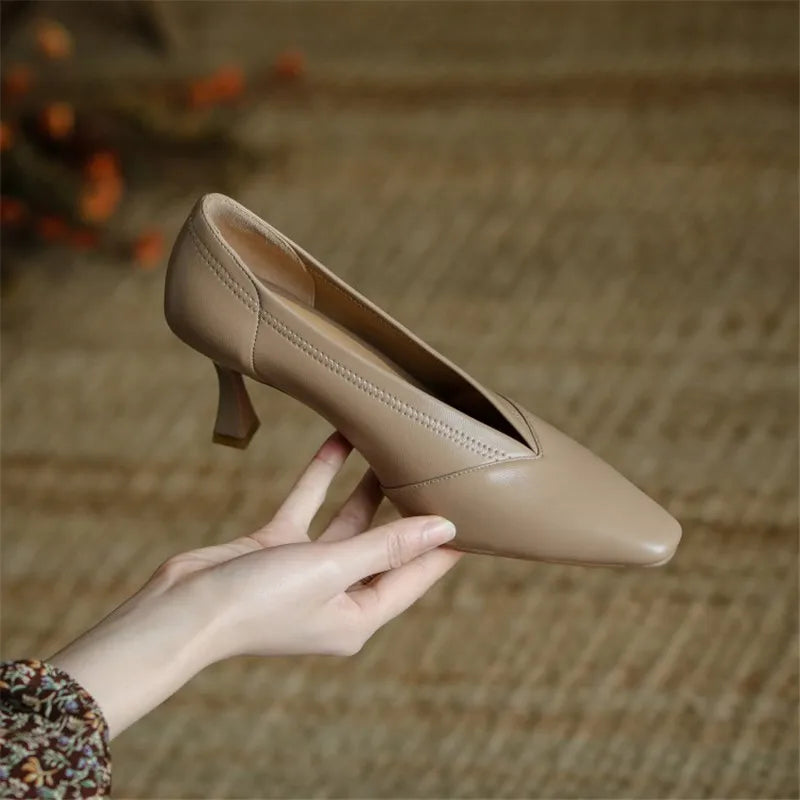 Futurecen  -  Spring Women Shoes Small Square Toe Thin Heel Women Pumps Retro Genuine Leather Shoes Women V-mouth High heels Handmade Shoes