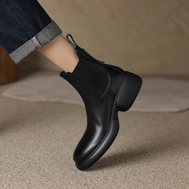 Futurecen NEW Autumn/Winter Women Boots Genuine Leather Shoes for Women Round Toe Chunky Heel Boots Slip-on Platform Boots