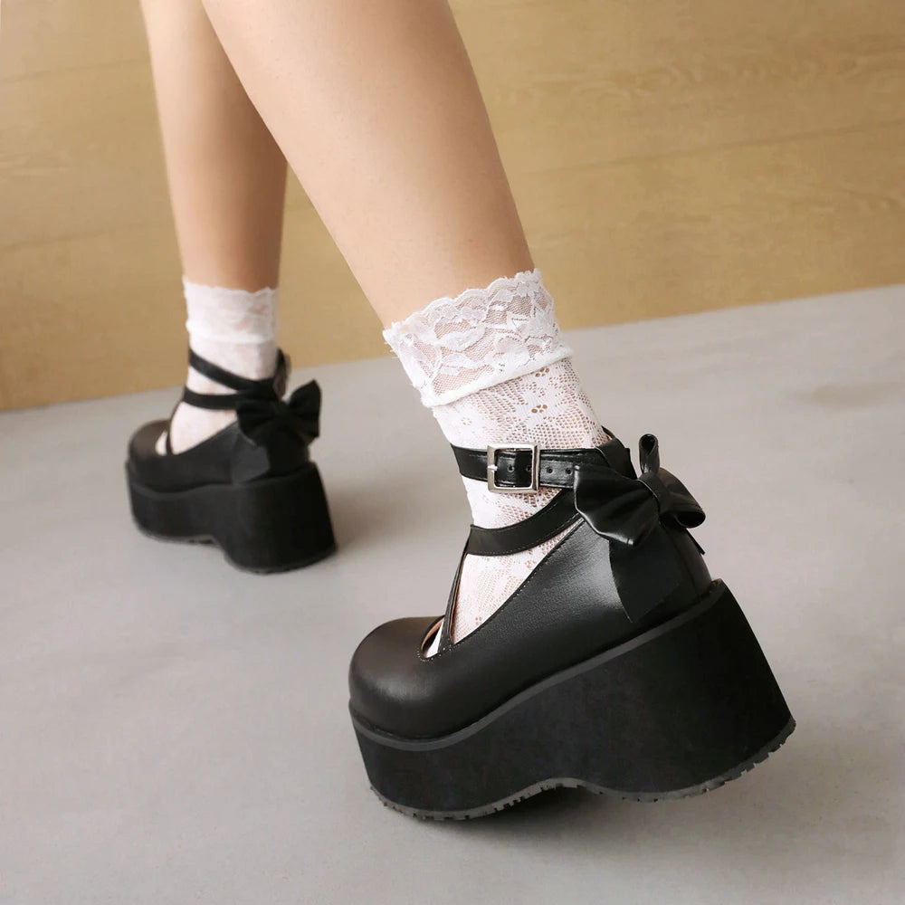 Futurecen Bowknot Lolita Shoes Platform Heels Women Pumps Japanese School JK Uniform Fashion Girl Rear Bow Tie Thick Sole Mary Jane Buckle